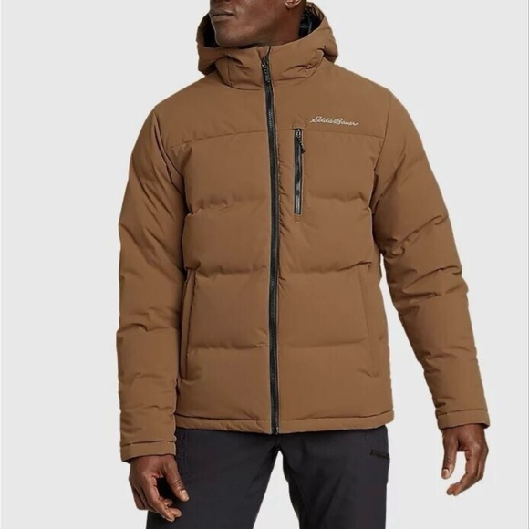 Eddie Bauer Mens Glacier Peak Seamless Stretch Down Hooded Jacket Sz Small Brown - Picture 1 of 16